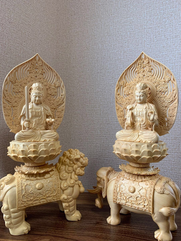 仏像　木彫　文殊、普賢菩薩像　檜木 佛像木雕文殊菩薩、普賢菩薩像檜木其他擺飾楽天ショップ【星凌