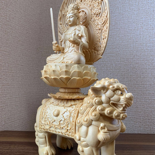 仏像　木彫　文殊、普賢菩薩像　檜木 桧 釈迦三尊 釈迦如来 普賢菩薩 文殊菩薩 木彫り 仏像 - アート