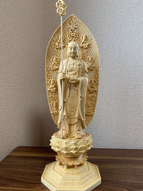 【フォロー割・新品】 地蔵菩薩　木地彫り　総高さ約18㎝ 　仏像　地蔵　菩薩 木彫地蔵菩薩像