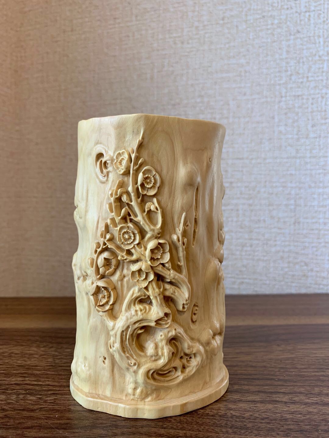 木彫 ペンスタンド 筆立て ツゲ 木彫りペン 阿部紀男 アイヌ木彫り 鳥