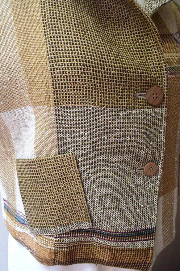 着物リメイク　ベスト　　裂き織り　さきおり　麻　綿　茶 4枚目の画像