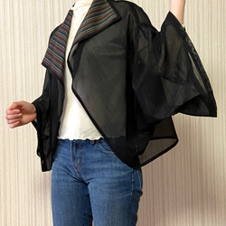 着物リメイク　正絹　ジャケット　黒　シマ柄　紗　涼しい 9枚目の画像