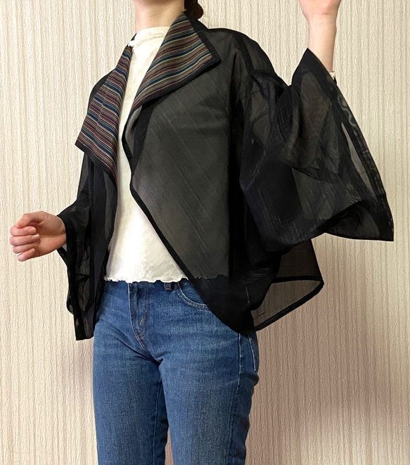 着物リメイク　正絹　ジャケット　黒　シマ柄　紗　涼しい 9枚目の画像