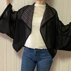 着物リメイク　正絹　ジャケット　黒　シマ柄　紗　涼しい 10枚目の画像