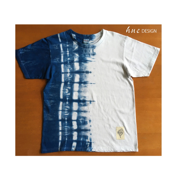 藍染 絞り 手染めTシャツ 5.0oz Mサイズ no.3  オリジナル ハーフ メンズ 父の日 ギフト プレゼント 1枚目の画像