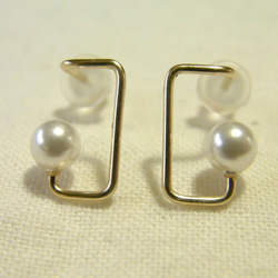 PBP-137　14kgf wire pierced earrings (rectangle+pearl) 2枚目の画像