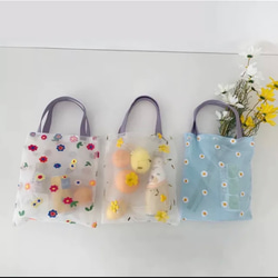 オーガンジー刺繍エコバッグナチュラル トートバッグ カジュアル
