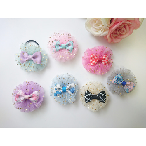 再販】選べるチュールフラワーリボンヘアゴム♡チェック柄 花柄 子ども