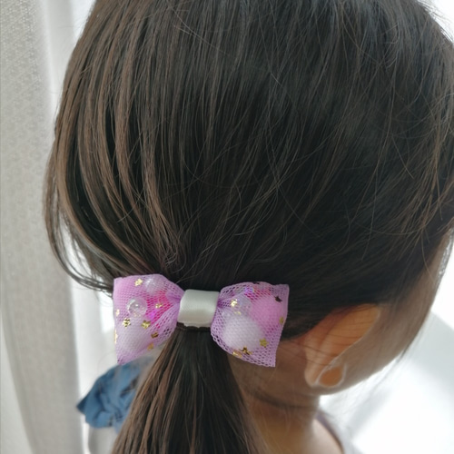 再販7 〗 ビーズでぷっくりチュール リボンヘアゴム 2個セット ゆめ