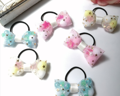 再販7 〗 ビーズでぷっくりチュール リボンヘアゴム 2個セット ゆめ 