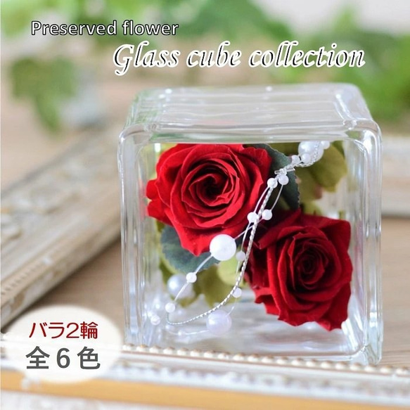 プリザーブドフラワー 全６色オーダー可 上質なガラスキューブ 薔薇 ギフト プレゼント ガラス ガラスドーム 仏花 犬 1枚目の画像