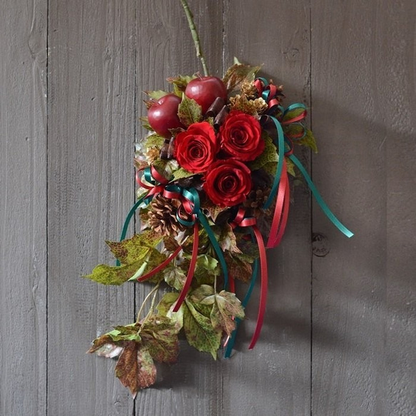 プリザーブドフラワー、クリスマス壁掛け プリザーブドフラワー クリスマス 壁掛け りんご おしゃれ【完成