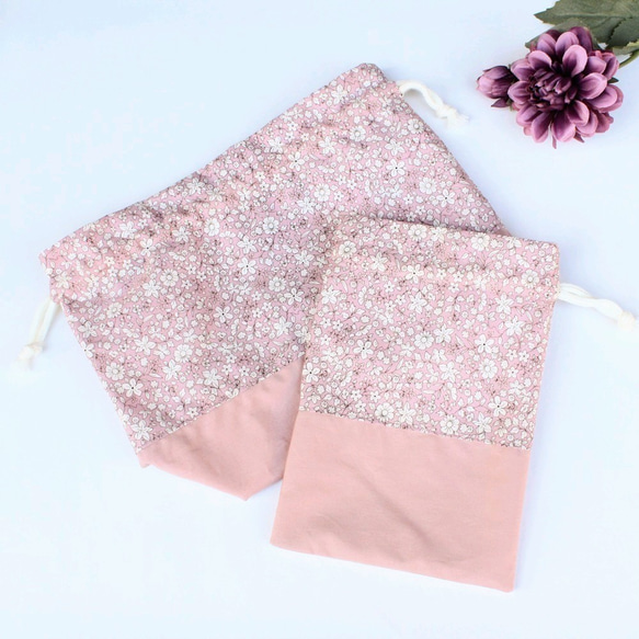 [white flower lunch bag] 　pink/お弁当袋/コップ袋/2点set 3枚目の画像