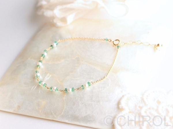 … エメラルドと 淡水パールの ブレスレット…/ 14kgf