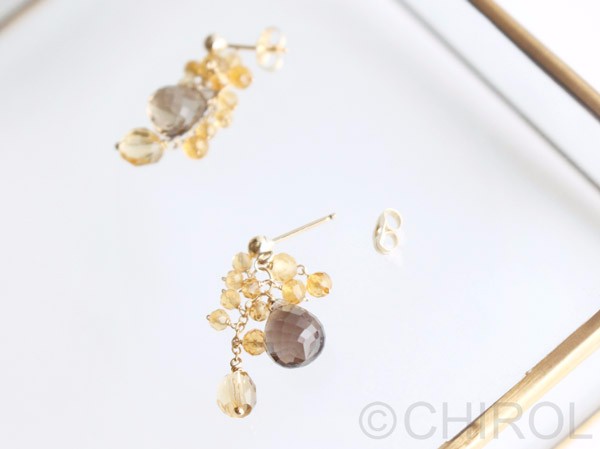 スモーキークォーツ＋ シトリン ピアス/ 14kgf