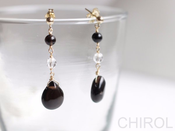 ･･●　黒水晶と水晶のピアス　●･･/ 14kgf