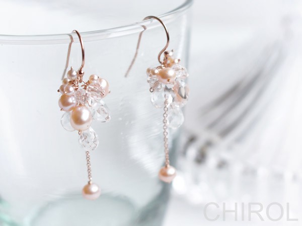 ＊ピンクの淡水パール と クォーツ の ピアス＊/14kgf pink