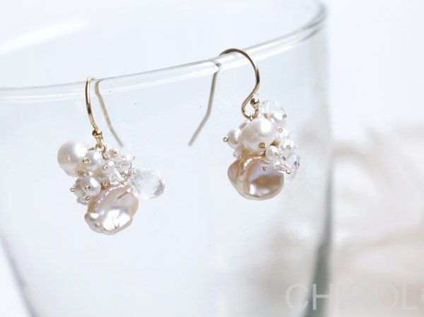 クォーツ+ 淡水パール ピアス/ 14kgf