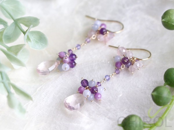 ローズクォーツ+ アメジスト ✿ 小花 ピアス/ 14kgf