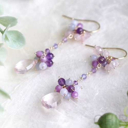 ローズクォーツ+ アメジスト ✿ 小花 ピアス/ 14kgf ピアス（フック 