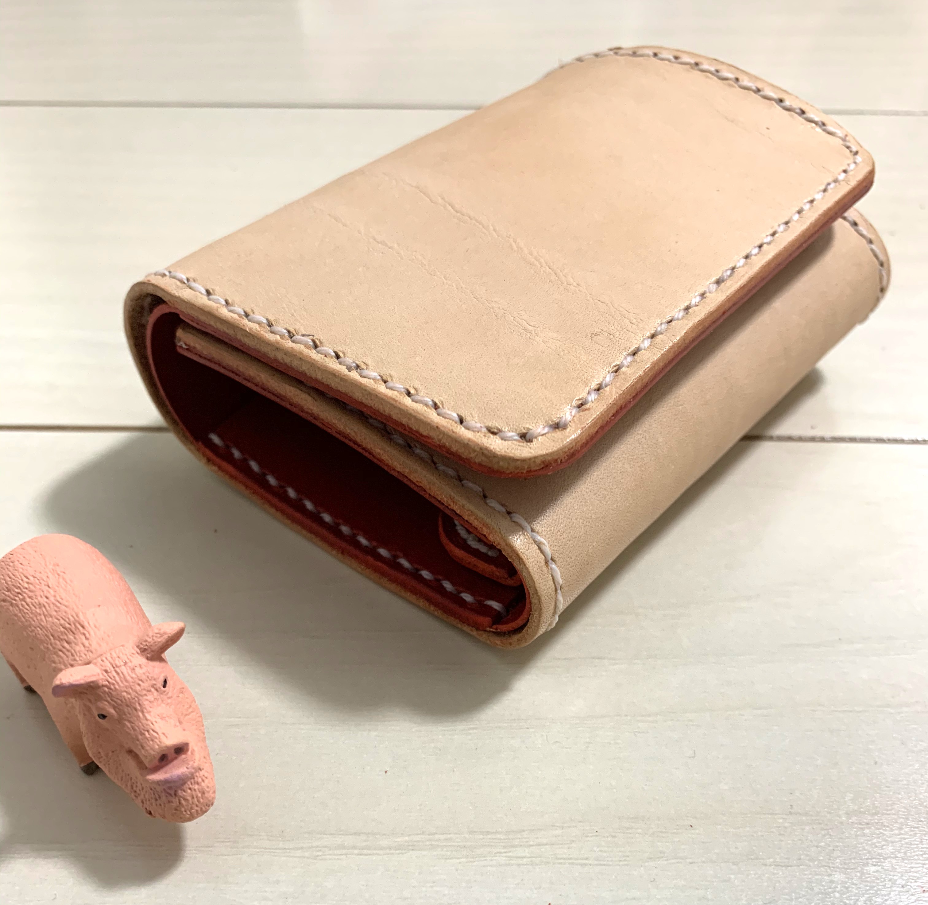 総手縫】湘南皮革ナチュラル × 栃木レザー レッド 3つ折り財布