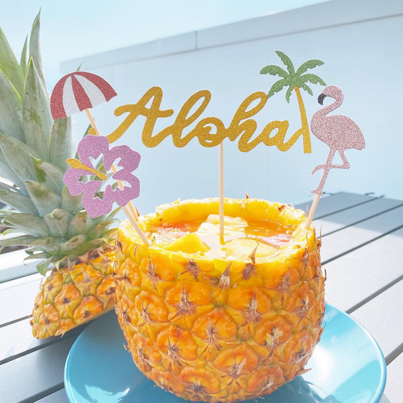 ケーキトッパー（グリッター）/Aloha（aloha）トッパー　アロハ　ヤシの木　パイナップル　フラミンゴ　夏 4枚目の画像