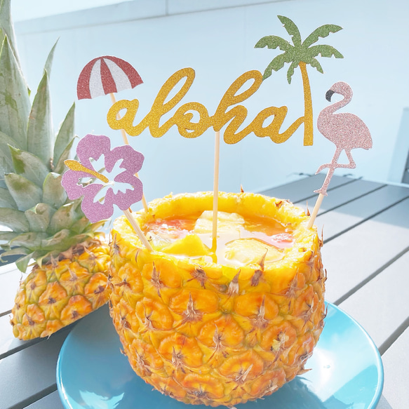 ケーキトッパー（グリッター）/Aloha（aloha）トッパー　アロハ　ヤシの木　パイナップル　フラミンゴ　夏 5枚目の画像