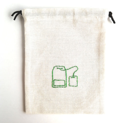 【刺繍】緑のティーバッグ　巾着袋　ポーチ　S　生成り　 5枚目の画像
