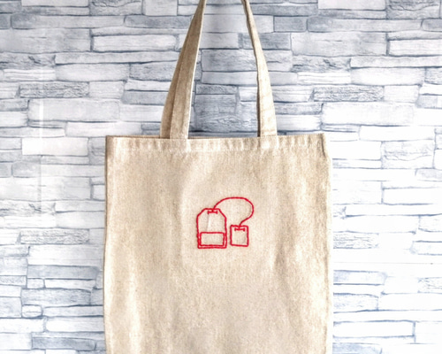 ティーバッグの刺繍 トートバッグ 肩掛け ベージュ A4サイズ収納