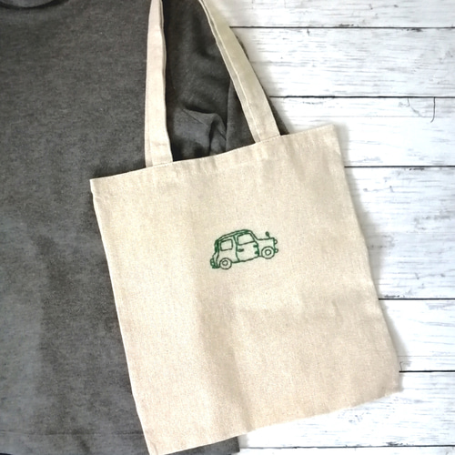 車の刺繍 トートバッグ 肩掛け マチなし A4サイズ収納可 名入れ