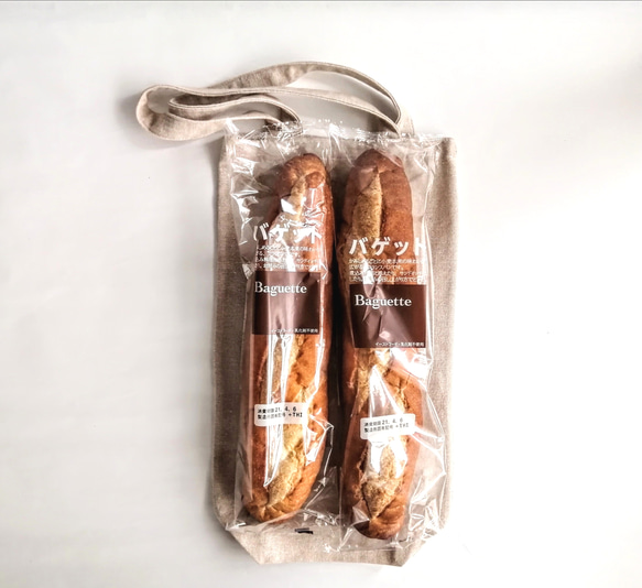 【シンプルな手刺繍】フランスパン入れ　バゲットバッグ　茶パン　トートバッグ　細長　ショルダーバッグ　2way　コットン 2枚目の画像