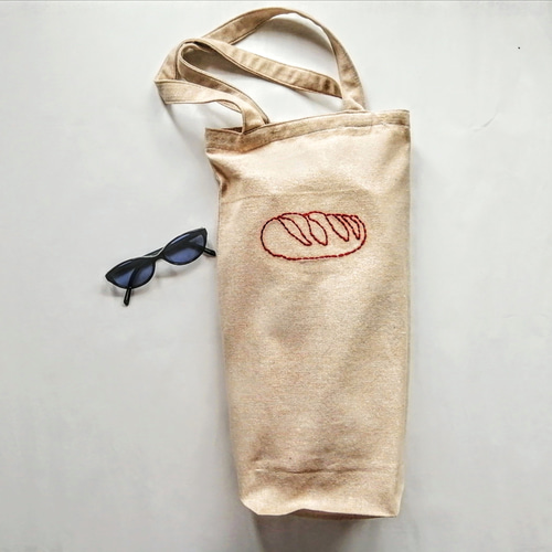 フランスパン入れ バゲットバッグ パンの刺繍 細長 肩掛け マチ付き 綿