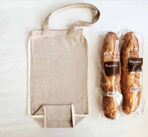 【シンプルな手刺繍】フランスパン入れ　バゲットバッグ　茶パン　トートバッグ　細長　ショルダーバッグ　2way　コットン 5枚目の画像