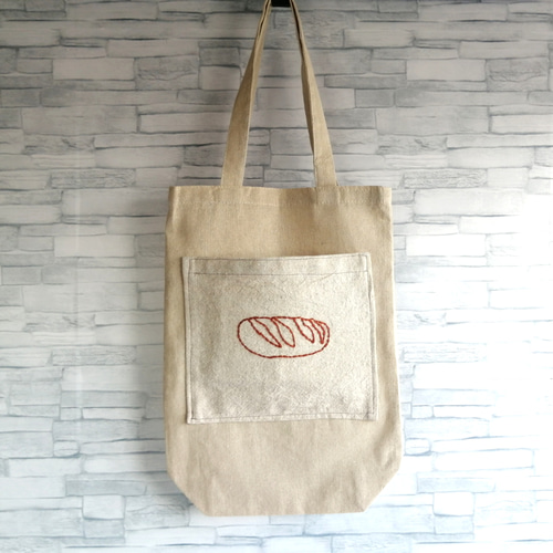 フランスパン入れ バゲットバッグ パンの刺繍 細長 肩掛け マチ付き 綿