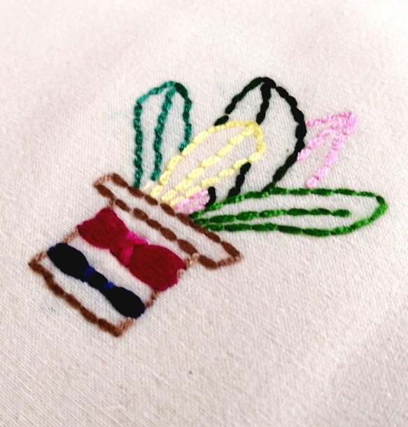 【手刺繍】カラフルな観葉植物　ショルダーバッグ　トートバッグ　生成り　 4枚目の画像