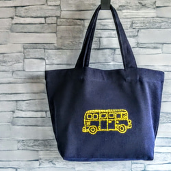 黄色いバスの刺繡　ミニトートバッグ　ネイビー　帆布　コットン　手提げ　ランチバッグ　Sサイズ　 1枚目の画像