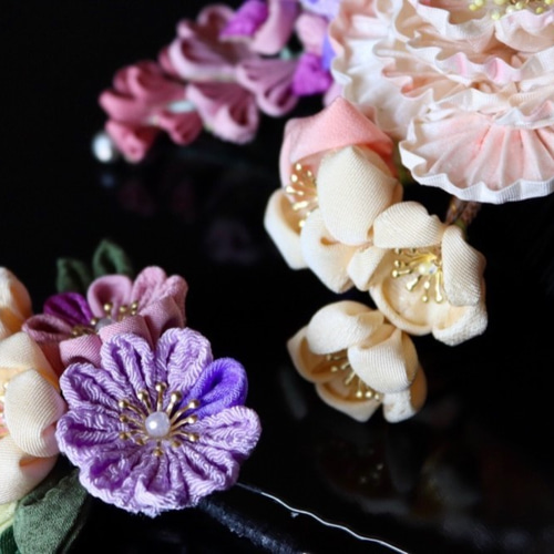 つまみ細工 かんざし ブローチ 藤と蝶 手作り つまみ細工 かんざし ブローチ 藤と蝶 手作り つまみ細工