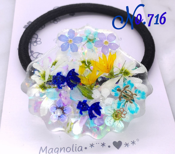 ♡ホタテ♡ヘアゴム レジン ユーフォルビア 金魚 押し花 ヘアゴム  