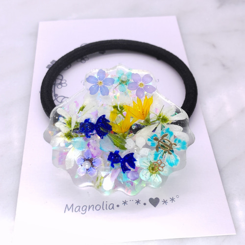 レジンヘアゴム 勿忘草ブルーホワイト夏花