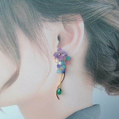 ハンドメイド】005 3色紫陽花のゆらゆらイヤリング/ピアス