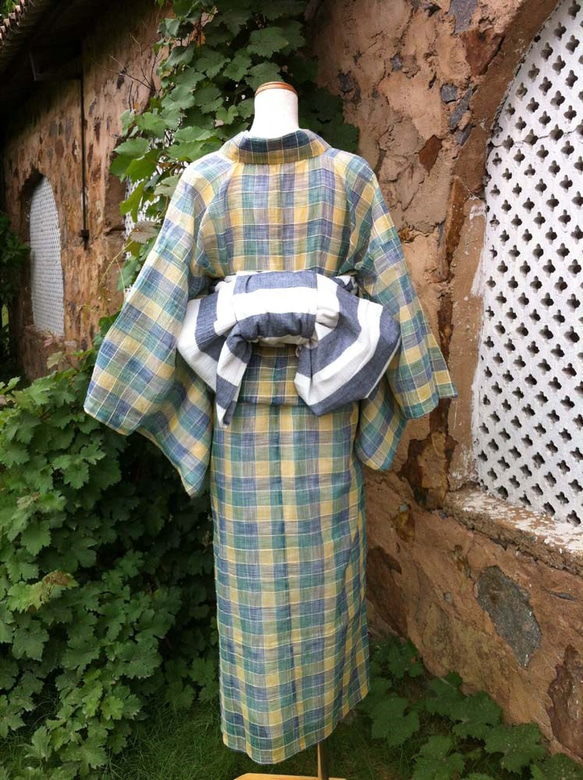 インドコットンの夏着物　ブルーグリーン系チェック　浴衣にも 3枚目の画像