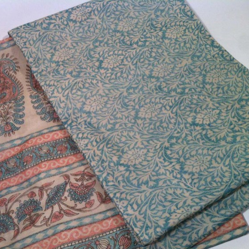 インドシルクの名古屋帯 ブルーxピンクの更紗柄 夏着物に 着物