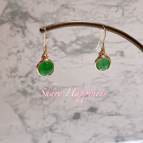 ☆輝く14KGF☆グリーンアゲートワイヤーピアス8mm玉（イヤリング変更可