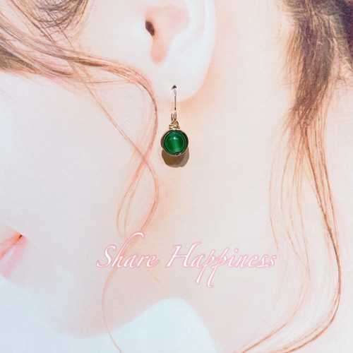 14kgfグリーンアゲートピアス/イヤリング ☆輝く14KGF☆グリーンアゲートワイヤーピアス8mm玉（イヤリング変更可