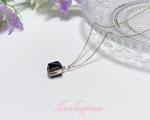 輝く天然石☆14KGF ストライプ オニキス キューブ ネックレス