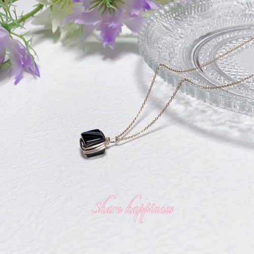 輝く天然石☆14KGF ストライプ オニキス キューブ ネックレス