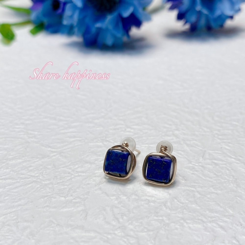 14KGF☆輝く天然石☆ラピスラズリ キューブ 6mm ピアス 9月・12