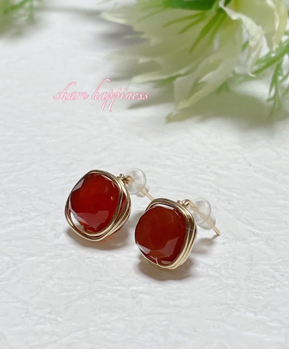 大粒☆14KGF☆輝く天然石☆レッドアゲートキューブ 8mm ピアス 