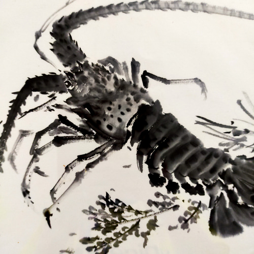 手書き水墨画　ザリガニ 水墨画 荒井克典 原画 35×35 伊勢海老 絵画 KAMKAG 通販
