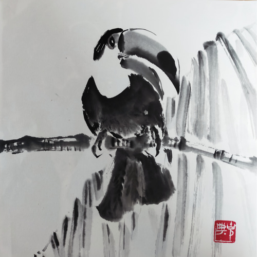 荒井克典 水墨画 原画 35✖️35 嘴の大きな鳥 絵画 KAMKAG 通販